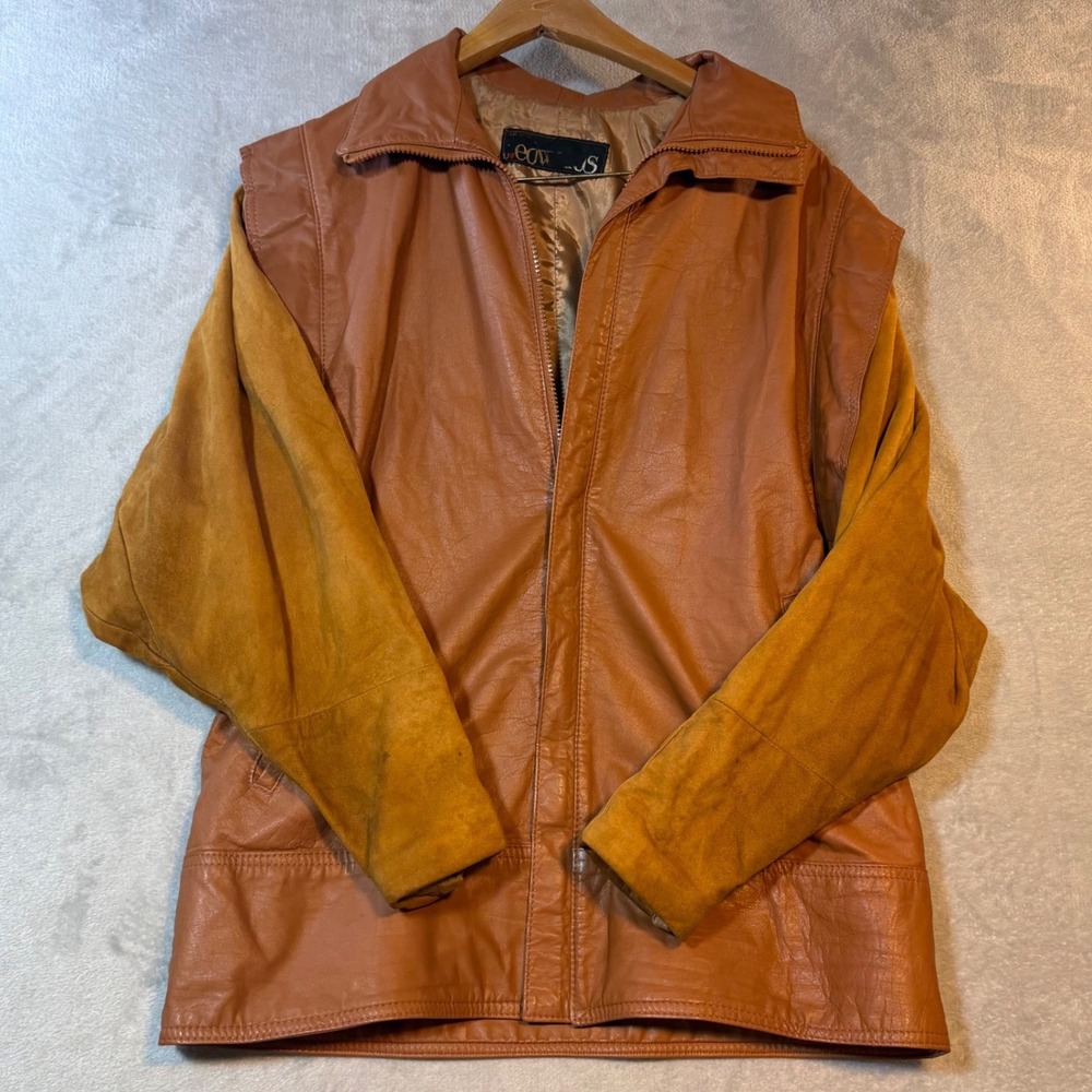 Vintage Leow-JS Leather Suede Mixed Media Bomber Jacket Cognac Tan Mens Large